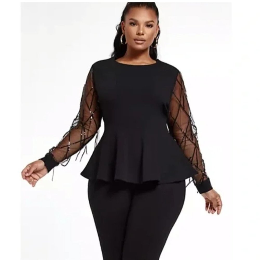 Fashion to Figure Laney Sequin Sleeve Peplum Top (NWT)